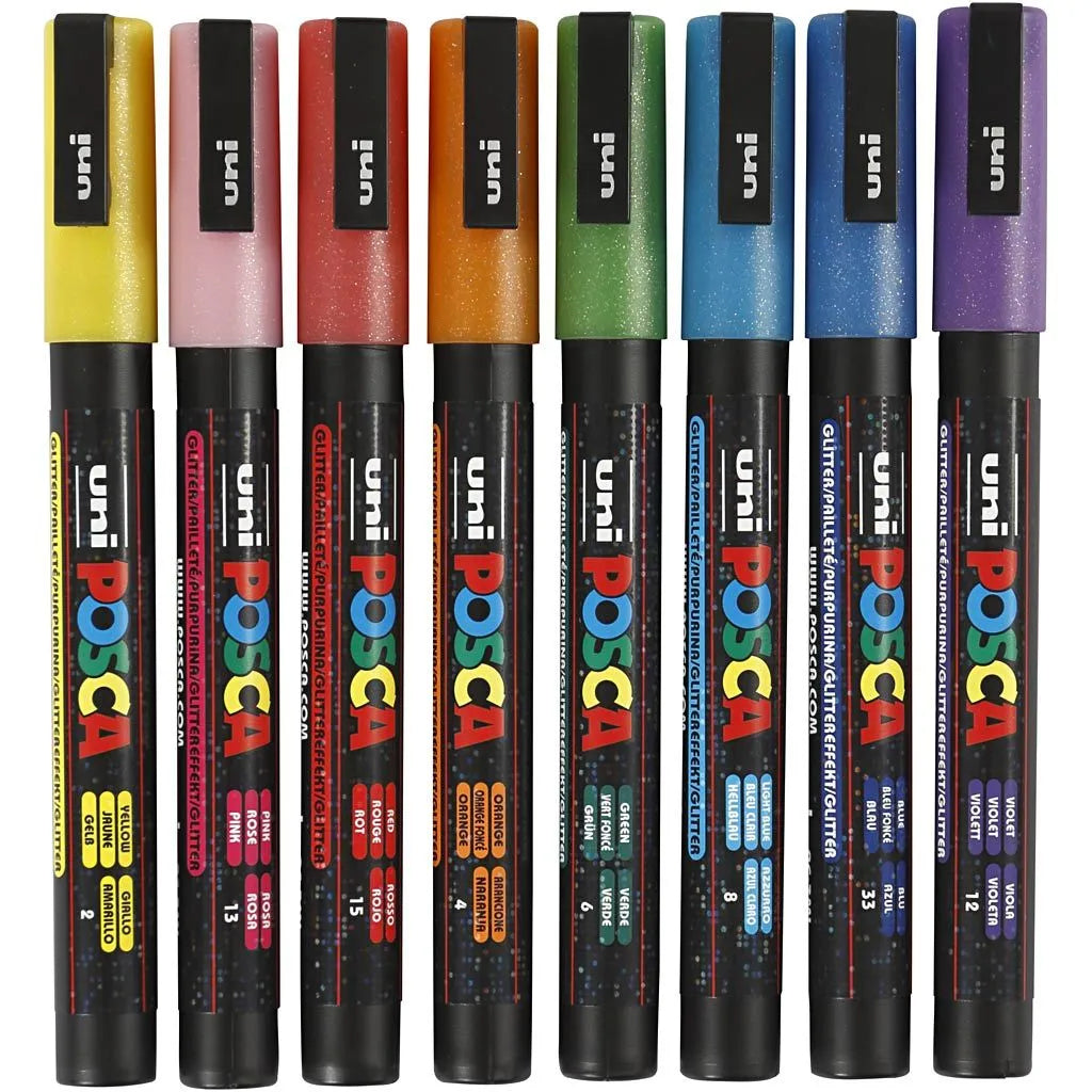 Posca Tuscher, streg 0.9-1.3 mm - 8 stk ass. glitterfarver