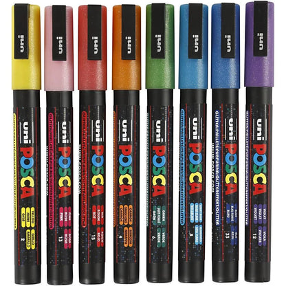 Posca Tuscher, streg 0.9-1.3 mm - 8 stk ass. glitterfarver