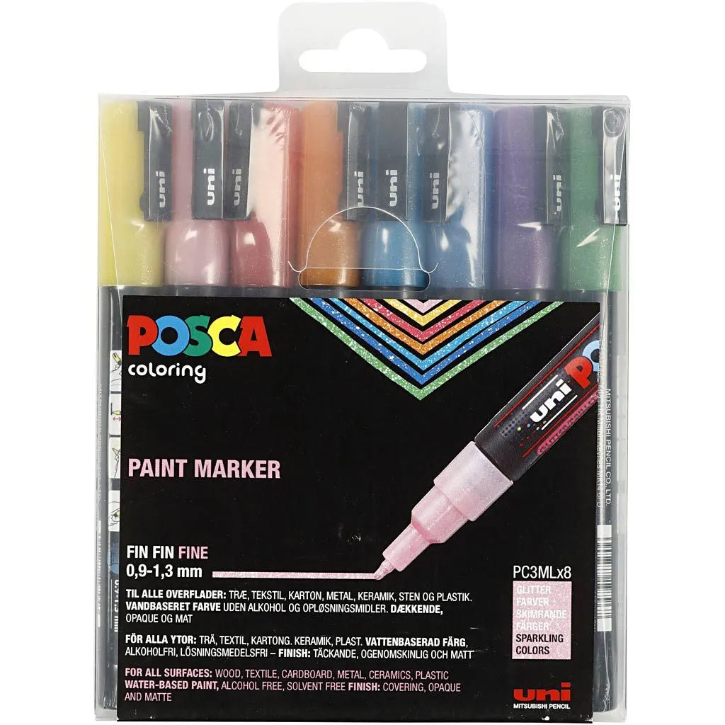 Posca Tuscher, streg 0.9-1.3 mm - 8 stk ass. glitterfarver