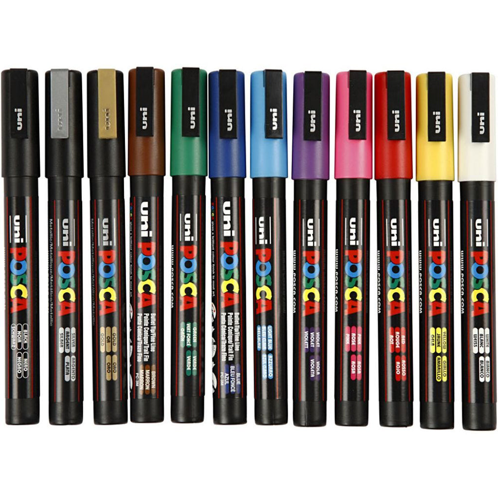 Posca Tuscher sæt med 12 assorterede farver, 0.9-1.3 mm streg