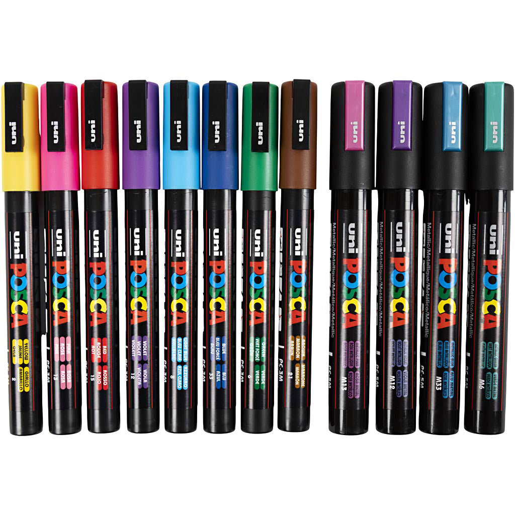 Posca Tuscher, streg 0.9-1.3 mm + 2.5 mm- 12 stk. ass farver