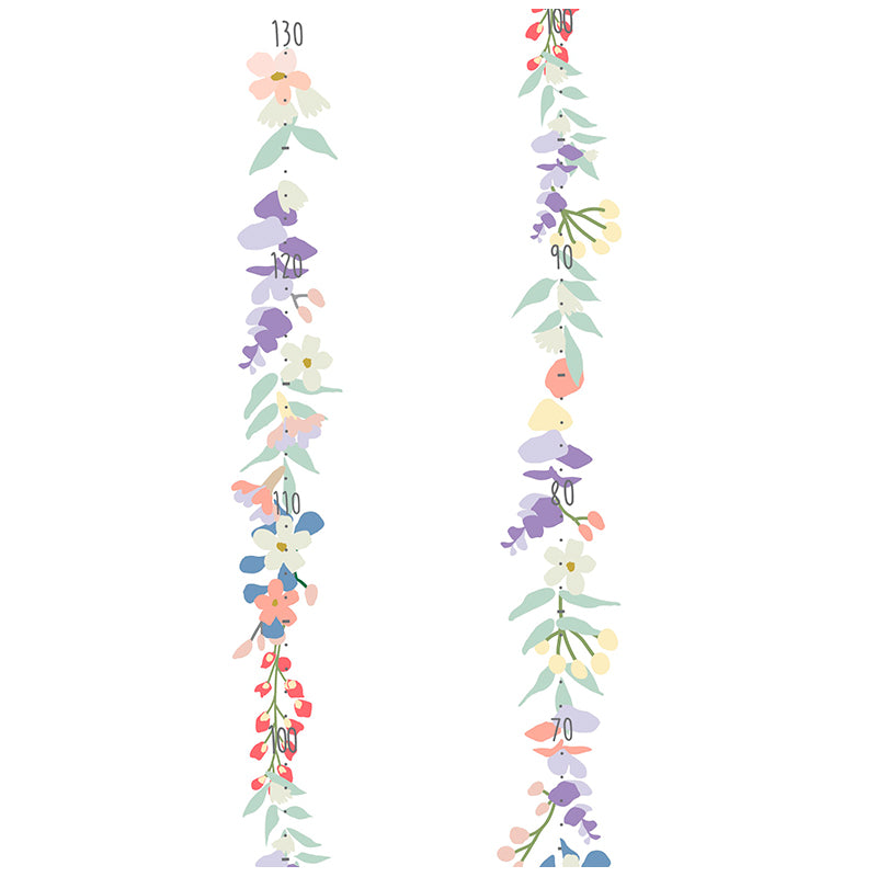Mimi Lou wallsticker, højdemåler m. mærkedage - Forårsblomster og m. dansk tekst