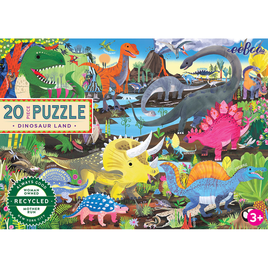 Eeboo puslespil med 20 brikker, Dinoland motiv med dinosaurer og vulkan