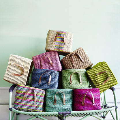 Rice Basket with Leather Handle, Soft Pink