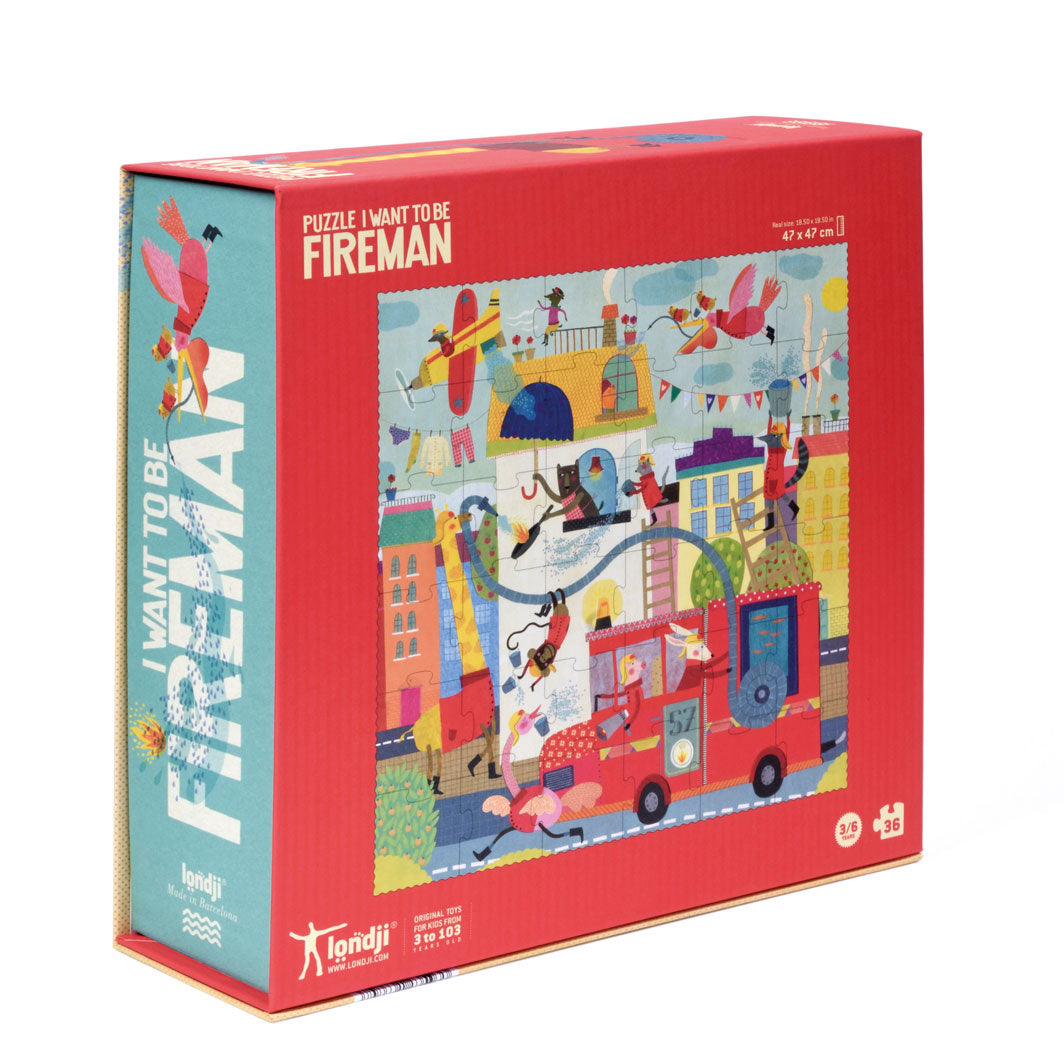 Londji puslespil, I want to be Fireman - 36 brikker - viser bagside af æske