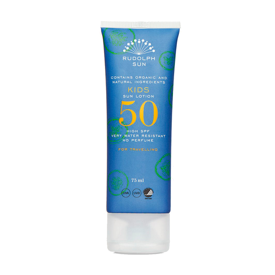 Rudolph Care solcreme Kids 50 SPF, Travelsize i en blå og hvid tube